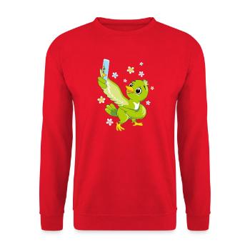 Un joli oiseau vert prend un selfie - Sweat-shirt Unisexe - rouge - Devant - Alina (178cm) & Michal (187cm)
