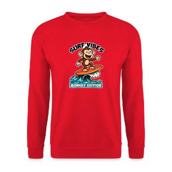 Surf Vibes, Monkey Edition. Glücklicher Surfaffe - Unisex Pullover - Rot - Vorne - Alina (178cm) & Michal (187cm)