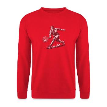 Dynamischer Tennisspieler im Retro-Stil - Unisex Pullover - Rot - Vorne - Alina (178cm) & Michal (187cm)