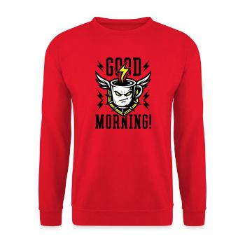 Good Morning Kaffeetasse Blitz Gelb - Unisex Pullover - Rot - Vorne - Alina (178cm) & Michal (187cm)