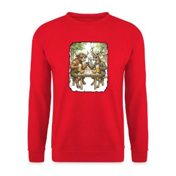 Stier Hirsch Biergarten - Unisex Pullover - Rot - Vorne - Alina (178cm) & Michal (187cm)