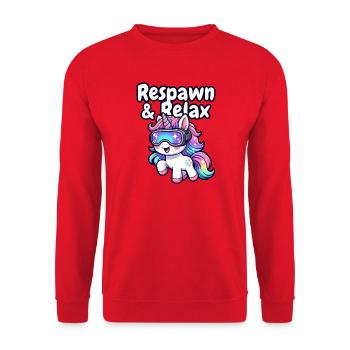Unicorn VR Chill: Respawn & Relax - Unisex Pullover - Rot - Vorne - Alina (178cm) & Michal (187cm)