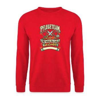 Pflegeteam Wir halten den Laden - Unisex Pullover - Rot - Vorne - Alina (178cm) & Michal (187cm)
