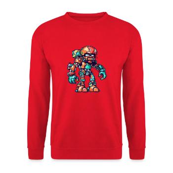 Roboter Comic mit bunter Rüstung und Helm - Unisex Pullover - Rot - Vorne - Alina (178cm) & Michal (187cm)
