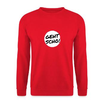 Geht scho! Typisch österreichischer Spruch - Unisex Pullover - Rot - Vorne - Alina (178cm) & Michal (187cm)