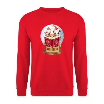 Tiere lesen in einer Schneekugel zu Weihnachten - Unisex Pullover - Rot - Vorne - Alina (178cm) & Michal (187cm)