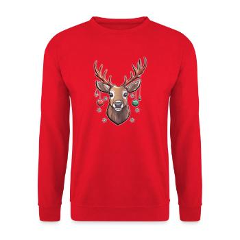 Christmas Hirsch mit Schmuck & Schneeflocken - Unisex Pullover - Rot - Vorne - Alina (178cm) & Michal (187cm)
