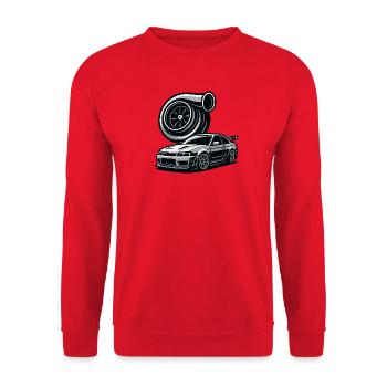 Detailreiche Automobil- und Turbinensilhouette - Unisex Pullover - Rot - Vorne - Alina (178cm) & Michal (187cm)
