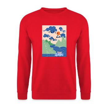 Korean Art Design with Cranes & Origami Boat - Unisex Sweatshirt - red - Front - Alina (178cm) & Michal (187cm)