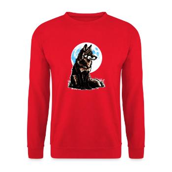 Ein Wolf vor einem blauen Mond - Unisex Pullover - Rot - Vorne - Alina (178cm) & Michal (187cm)