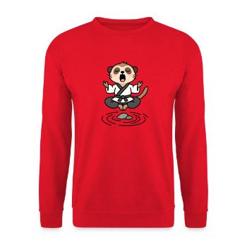 Erdmännchen in einem meditativen Zen-Kimono - Unisex Pullover - Rot - Vorne - Alina (178cm) & Michal (187cm)