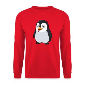 Müder Pinguin Cartoon Schlapp Zunge Raus - Unisex Pullover - Rot - Vorne - Alina (178cm) & Michal (187cm)