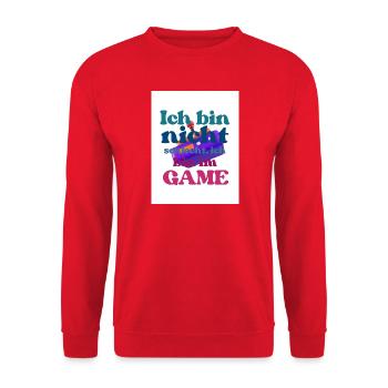 Ich bin im GAME – bunter Spruch - Unisex Pullover - Rot - Vorne - Alina (178cm) & Michal (187cm)