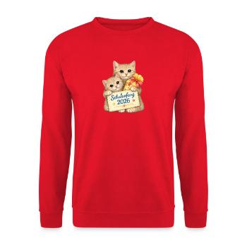 Schulbeginn Katzenfreude 2026 - Unisex Pullover - Rot - Vorne - Alina (178cm) & Michal (187cm)