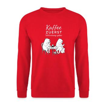 Kaffee zuerst Bärenhumor - Unisex Pullover - Rot - Vorne - Alina (178cm) & Michal (187cm)