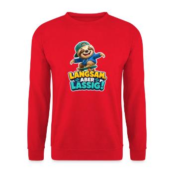 Faultier Skater Langsam aber lässig Spruch Cool - Unisex Pullover - Rot - Vorne - Alina (178cm) & Michal (187cm)