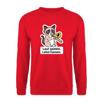 Posaune Posaunist Katze Blechbläser T-Shirt - Unisex Pullover - Rot - Vorne - Alina (178cm) & Michal (187cm)