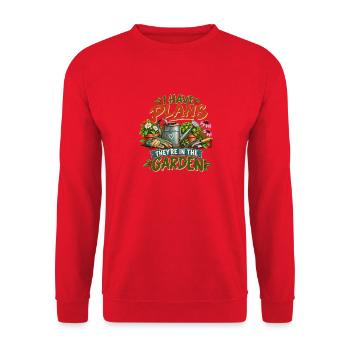 Lustiges Gartenshirt – Ich habe Pläne, sie sind in t - Unisex Pullover - Rot - Vorne - Alina (178cm) & Michal (187cm)