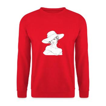 Filigranes Linienportrait mit Hut - Unisex Pullover - Rot - Vorne - Alina (178cm) & Michal (187cm)