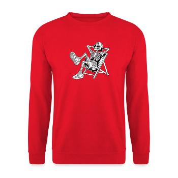Entspannendes Skelett auf Deckstuhl - Unisex Pullover - Rot - Vorne - Alina (178cm) & Michal (187cm)