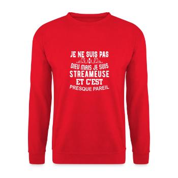 Cadeau femme Je suis pas dieu mais Streameuse - Sweat-shirt Unisexe - rouge - Devant - Alina (178cm) & Michal (187cm)