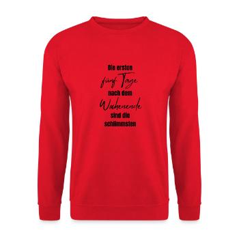 Warten auf das Wochenende - witziger Spruch - Unisex Pullover - Rot - Vorne - Alina (178cm) & Michal (187cm)