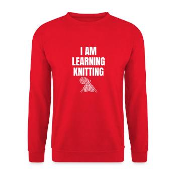 Ich lerne Stricken Spruch Englisch - Unisex Pullover - Rot - Vorne - Alina (178cm) & Michal (187cm)