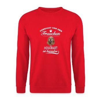 Vorsicht vor dem Frauchen - Hovawart ist harmlos - Unisex Pullover - Rot - Vorne - Alina (178cm) & Michal (187cm)