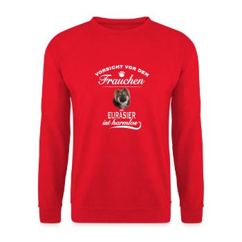 Vorsicht vor dem Frauchen - Eurasier ist harmlos - Unisex Pullover - Rot - Vorne - Alina (178cm) & Michal (187cm)