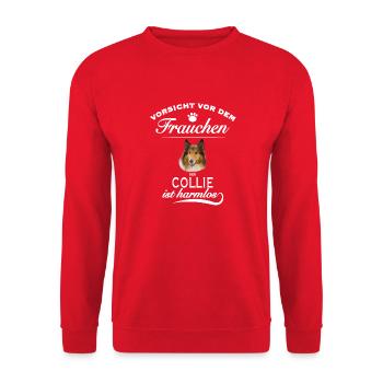Vorsicht vor dem Frauchen - der Collie ist harmlos - Unisex Pullover - Rot - Vorne - Alina (178cm) & Michal (187cm)