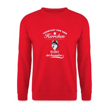 Vorsicht vor dem Herrchen, harmlos Husky - Unisex Pullover - Rot - Vorne - Alina (178cm) & Michal (187cm)