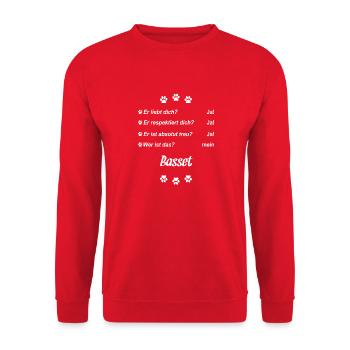 Er liebt Dich. Wer ist das? Mein - Basset - Unisex Pullover - Rot - Vorne - Alina (178cm) & Michal (187cm)