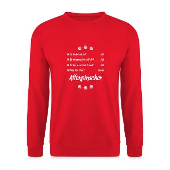 Er liebt Dich. Wer ist das? Mein - Affenpinscher - Unisex Pullover - Rot - Vorne - Alina (178cm) & Michal (187cm)