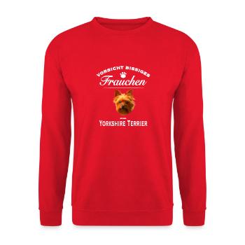 Vorsicht - Bissiges Frauchen - Yorkshire Terrier - Unisex Pullover - Rot - Vorne - Alina (178cm) & Michal (187cm)