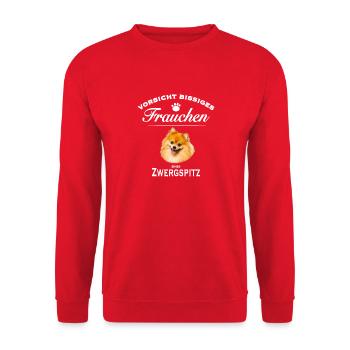 Vorsicht - Bissiges Frauchen - Zwergspitz - Unisex Pullover - Rot - Vorne - Alina (178cm) & Michal (187cm)
