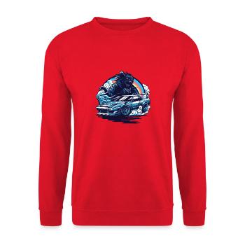 Auto im japanischen Stil hinter Monster und Regenbogen, JDM - Unisex Pullover - Rot - Vorne - Alina (178cm) & Michal (187cm)