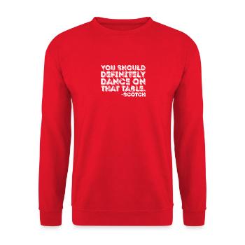 Du solltest auf jeden Fall auf diesem Tisch tanzen, Scotch - Unisex Pullover - Rot - Vorne - Alina (178cm) & Michal (187cm)