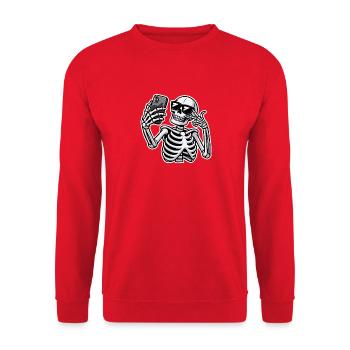 Cooles Selfie Skelett Happy Halloween Creepy Bone - Unisex Pullover - Rot - Vorne - Alina (178cm) & Michal (187cm)