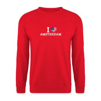 J’aime Amsterdam USA Drapeau Coeur Drapeau américain Jeu de mots - Sweat-shirt Unisexe - rouge - Devant - Alina (178cm) & Michal (187cm)