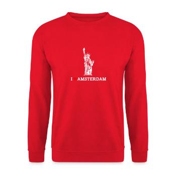 I Love Amsterdam Heart Freiheitsstatue Cooles Wortspiel - Unisex Pullover - Rot - Vorne - Alina (178cm) & Michal (187cm)