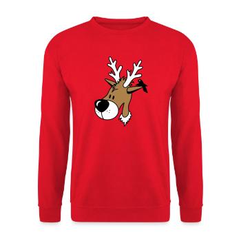 lustiges Comic Rentier mit Vogel auf dem Ohr - Unisex Pullover - Rot - Vorne - Alina (178cm) & Michal (187cm)