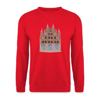 Stralsund Wolflamshaus ohne Text, Zeichnung Ostsee - Unisex Pullover - Rot - Vorne - Alina (178cm) & Michal (187cm)