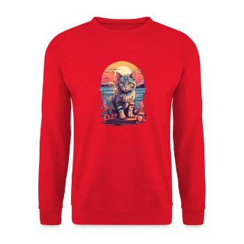 Katzen Motiv Süß, Sonnenuntergangskatze am Meer - Unisex Pullover - Rot - Vorne - Alina (178cm) & Michal (187cm)