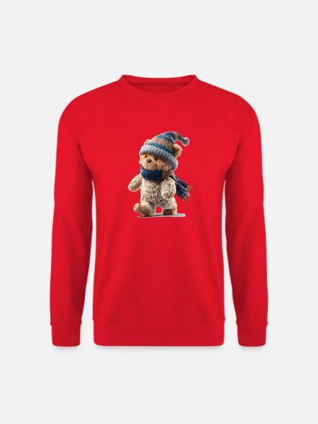 Lustiger Winterteddy mit Strickmütze und Schal - Unisex Pullover - Rot