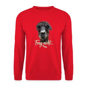 Alpaka "Frag Nicht" Motiv – Humor Tierdesign - Unisex Pullover - Rot - Vorne - Alina (178cm) & Michal (187cm)