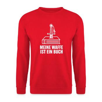 Meine Waffe Ist Ein Buch – Leser Leserin Spruch - Unisex Pullover - Rot - Vorne - Alina (178cm) & Michal (187cm)