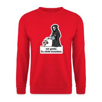 Pflanzen-Killer Sensenmann Gärtner Witz T-Shirt - Unisex Pullover - Rot - Vorne - Alina (178cm) & Michal (187cm)