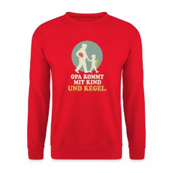 Opa kommt mit Kind und Kegel – Kegeln Opa Enkel - Unisex Pullover - Rot - Vorne - Alina (178cm) & Michal (187cm)