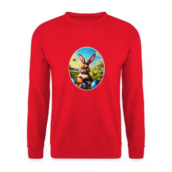 Hübscher Osterhase in Landschaft - Unisex Pullover - Rot - Vorne - Alina (178cm) & Michal (187cm)