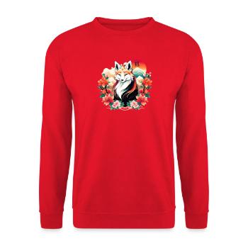 Japanisches Kitsune Yokai Design Mit Blumen - Unisex Pullover - Rot - Vorne - Alina (178cm) & Michal (187cm)